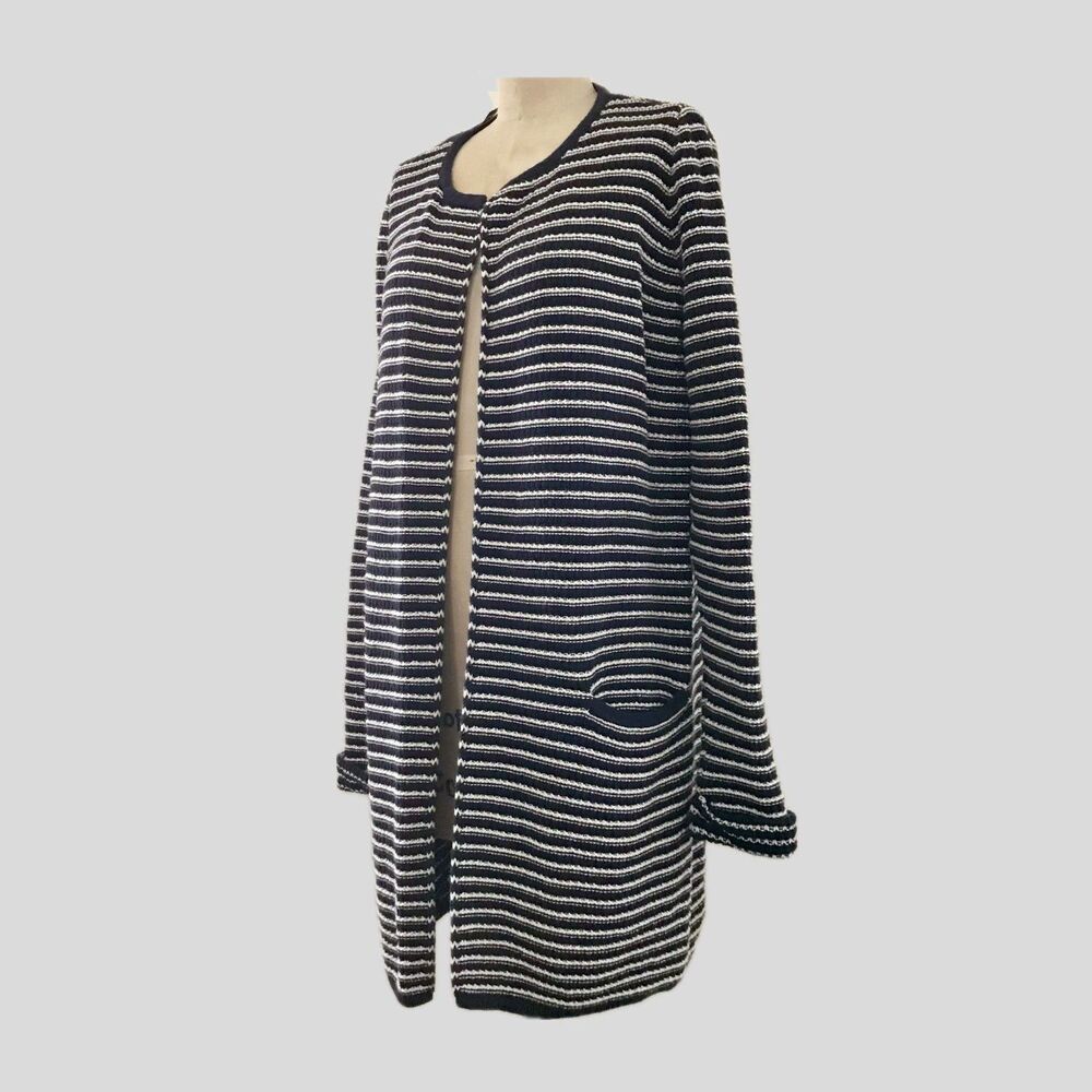 Tommy Hilfiger Navy Blue White Striped Cardigan Sweater Womens Medium Coastal